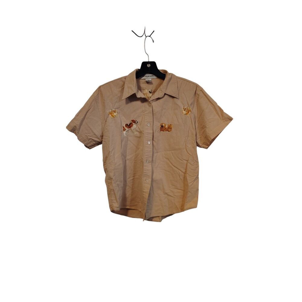 Vintage Compliments tan and dog‎ lover print button down top
